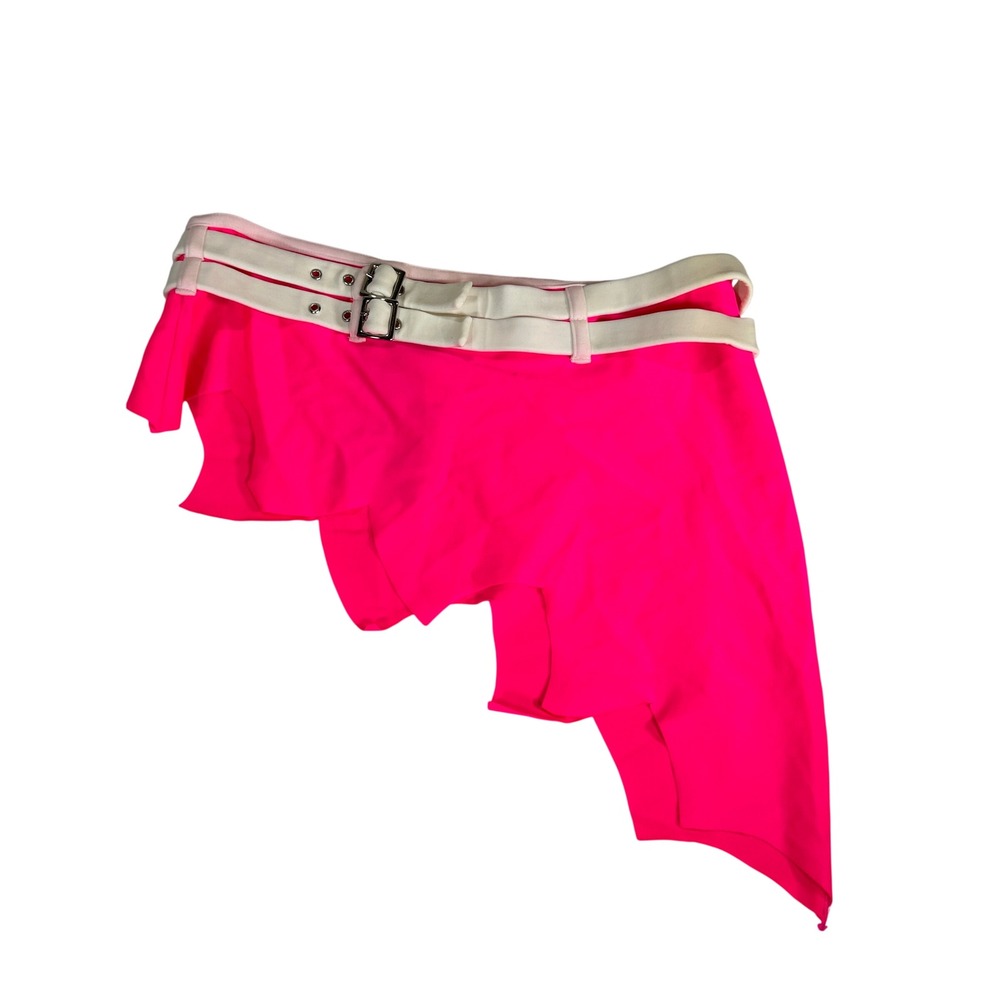 Latin Angel VTG Y2K Neon Pink Asymmetrical Ruffle Dance Mini Skirt Double Belt L